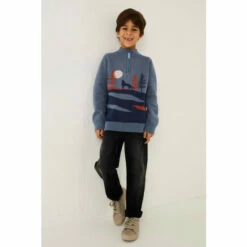 Fat Face FatFace Blue Wolf Scene Knitted Half Neck Jumper