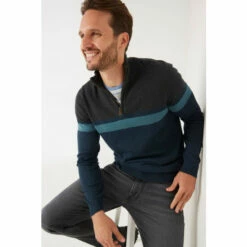 Fat Face FatFace Green Braunton Yoke Stripe Half Neck Jumper